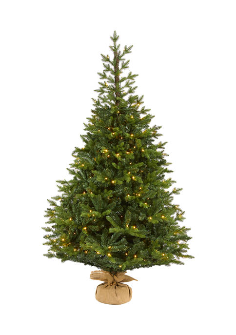 6 Foot Fraser Fir “Natural Look” Artificial Christmas Tree with 300 Clear LED Lights, a Burlap Base and 2113 Bendable Branches