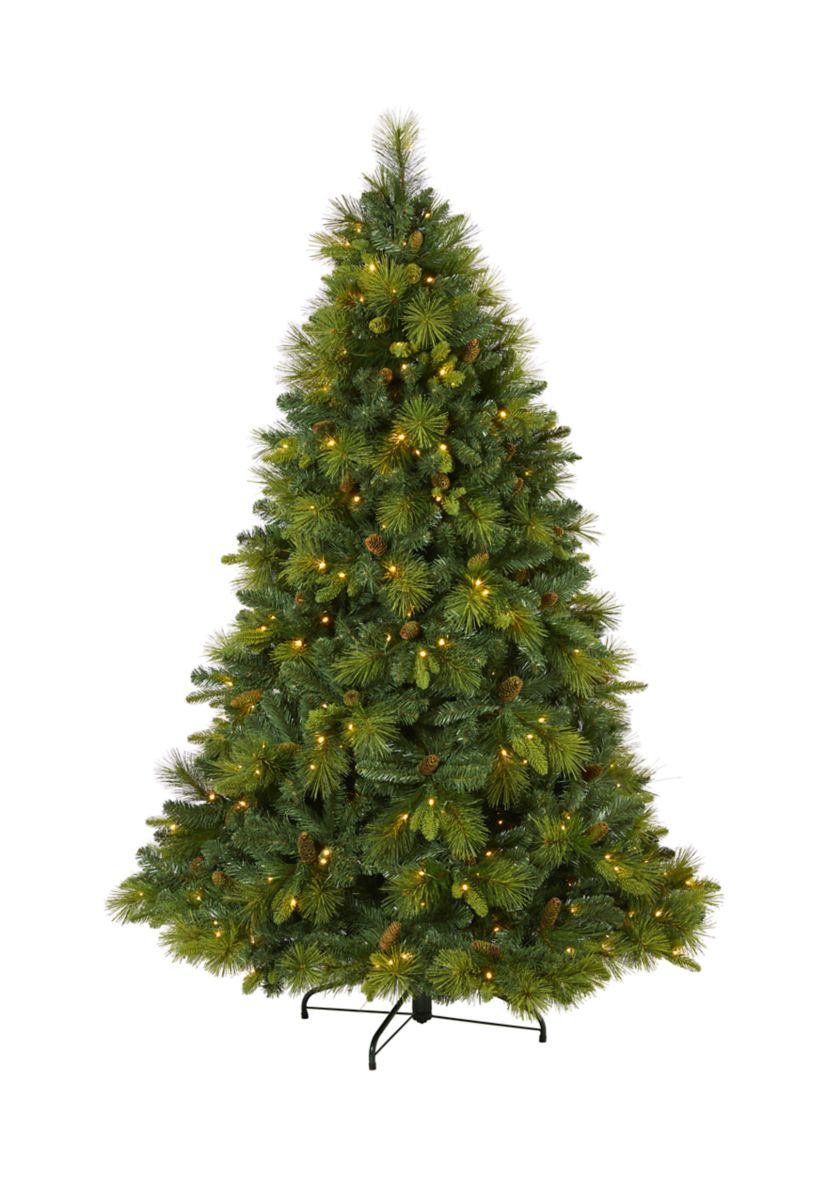 6.5 Foot North Carolina Mixed Pine Artificial Christmas Tree with 350 Warm White LED Lights, 1367 Bendable Branches and Pinecones