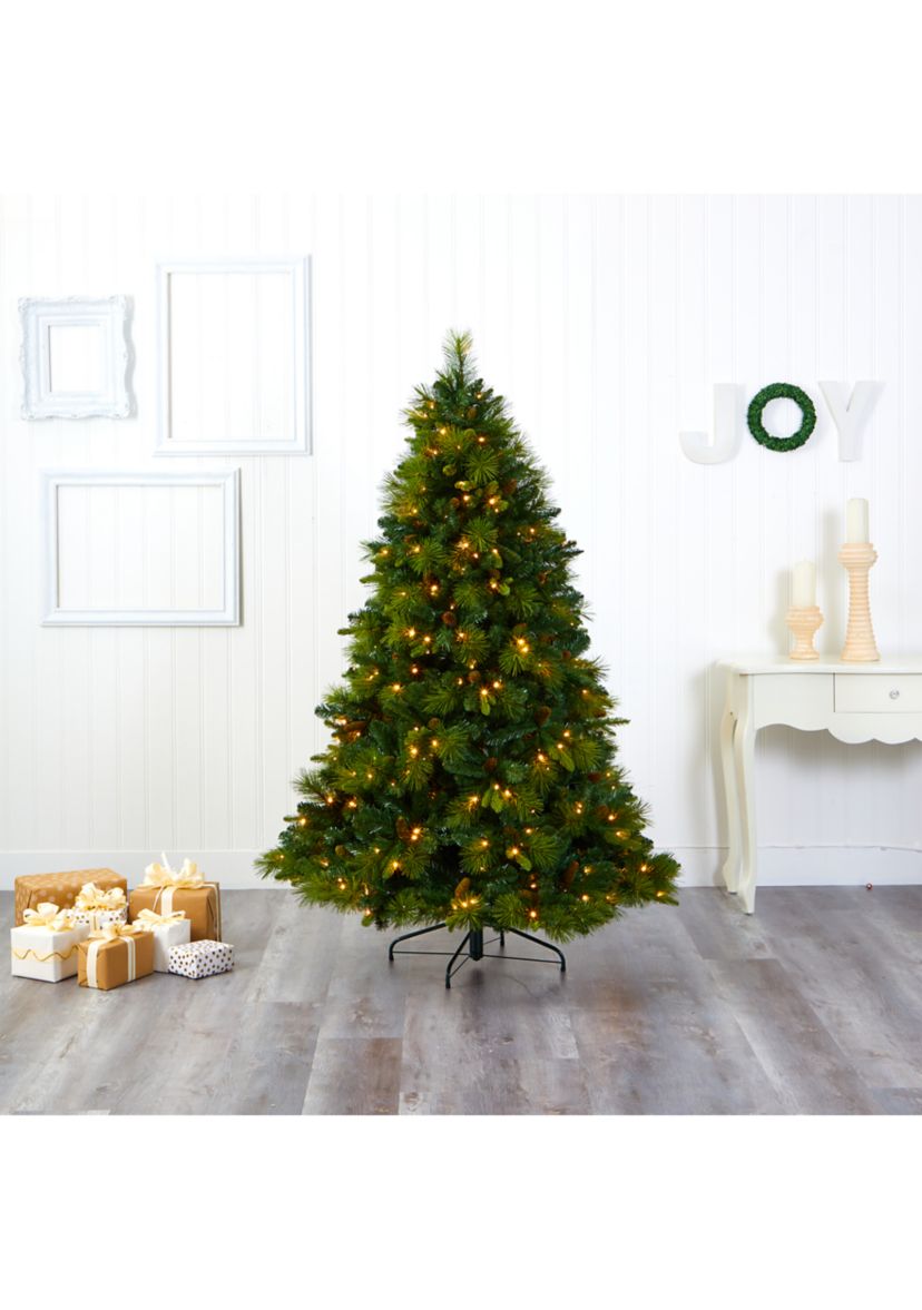 6.5 Foot North Carolina Mixed Pine Artificial Christmas Tree with 350 Warm White LED Lights, 1367 Bendable Branches and Pinecones