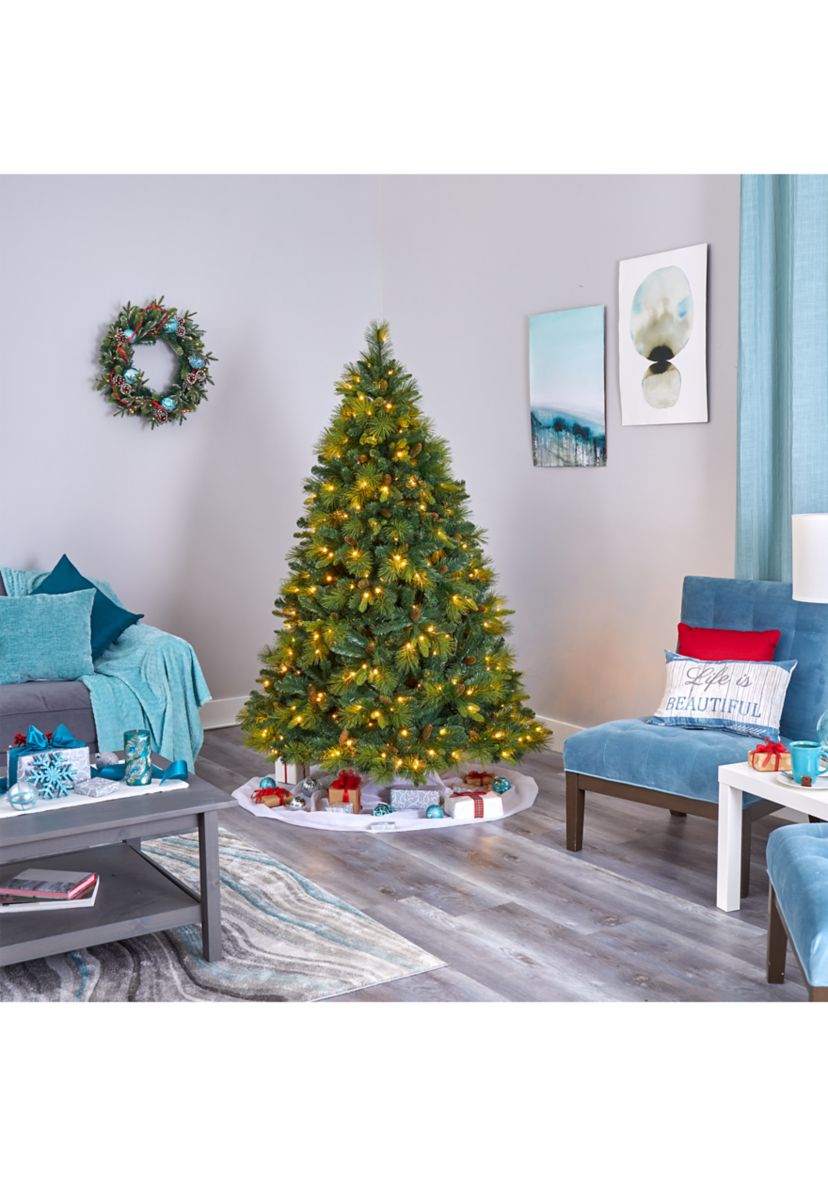 6.5 Foot North Carolina Mixed Pine Artificial Christmas Tree with 350 Warm White LED Lights, 1367 Bendable Branches and Pinecones