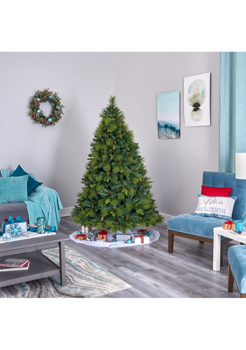 6.5 Foot North Carolina Mixed Pine Artificial Christmas Tree with 350 Warm White LED Lights, 1367 Bendable Branches and Pinecones