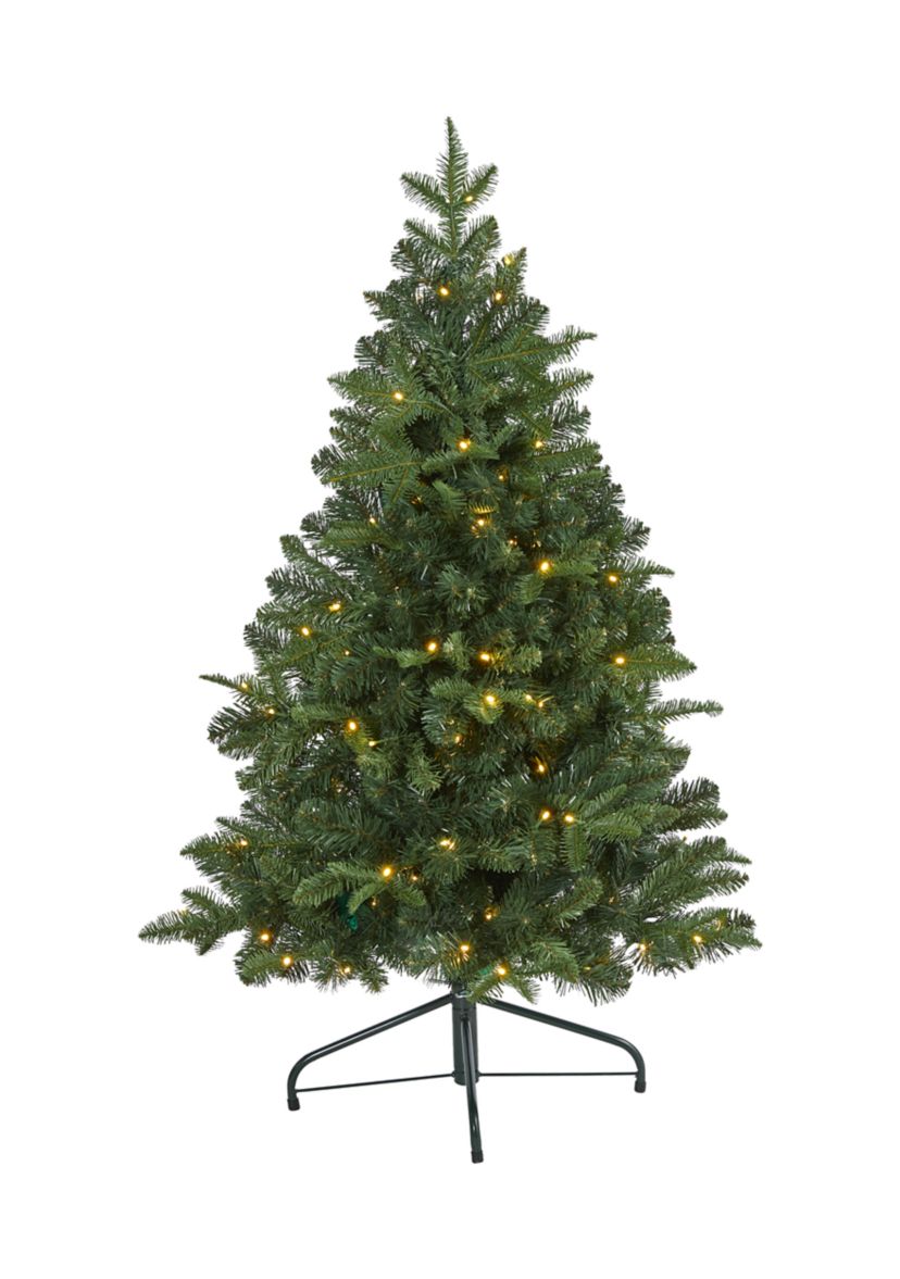 4 Foot Grand Teton Spruce Flat Back Artificial Christmas Tree with 90 Clear LED Lights and 369 Bendable Branches