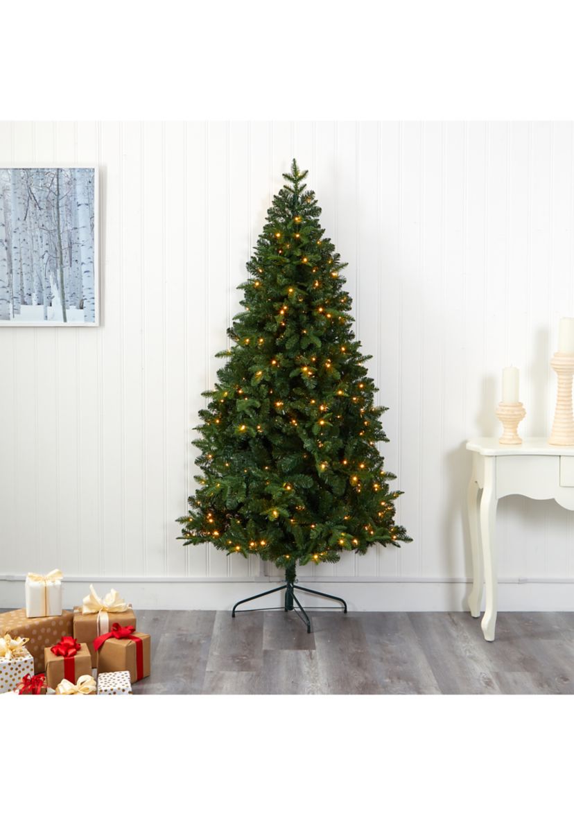 7 Foot Grand Teton Spruce Flat Back Artificial Christmas Tree with 220 Clear LED Lights and 953 Bendable Branches