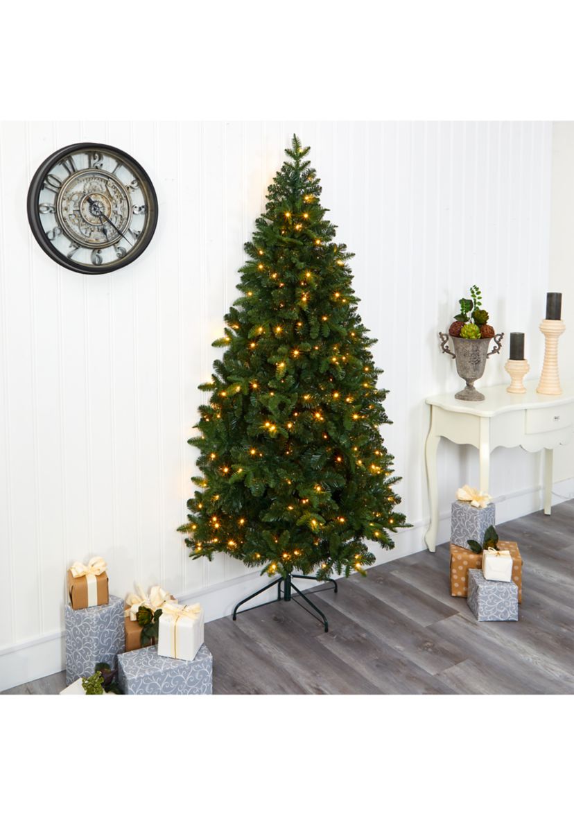 7 Foot Grand Teton Spruce Flat Back Artificial Christmas Tree with 220 Clear LED Lights and 953 Bendable Branches