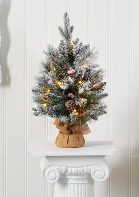 Nearly Natural Flocked Christmas Tree with Clear Lights and Bendable Branches, Green, 2 Foot