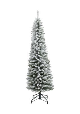 Nearly Natural 6 Foot Flocked Pencil Artificial Christmas Tree with 438 Bendable Branches, Green