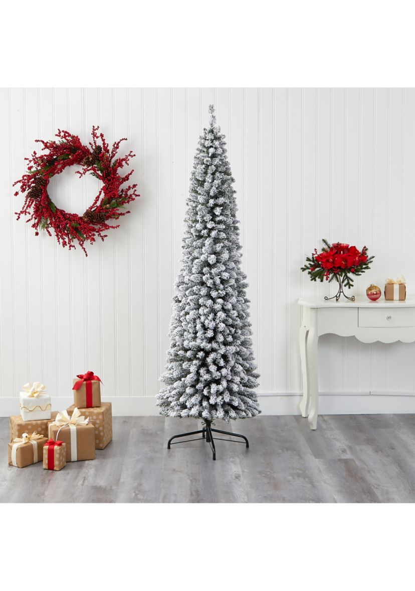 7 Foot Flocked Pencil Artificial Christmas Tree with 574 Bendable Branches
