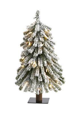Nearly Natural 2 Foot Flocked Grand Alpine Artificial Christmas Tree with 35 Clear Lights and 111 Bendable Branches on Natural Trunk, Green