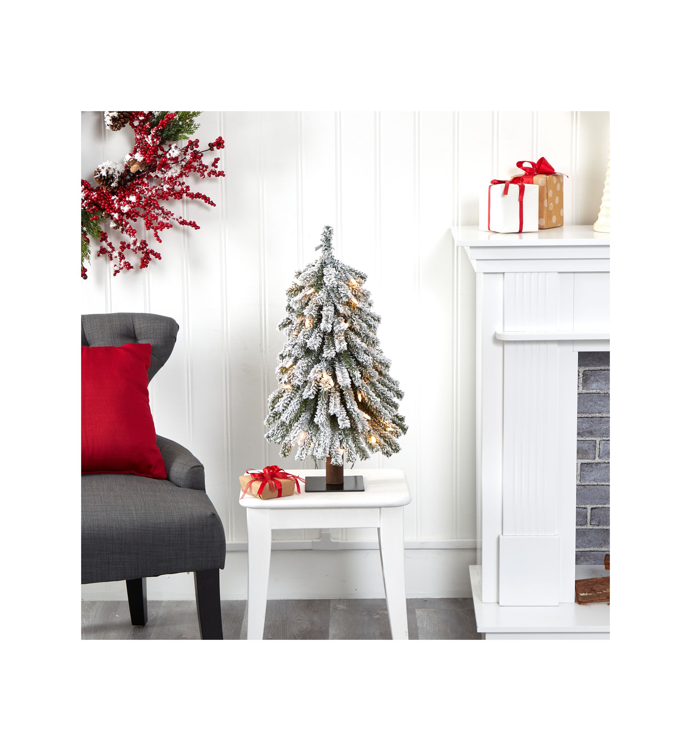 2 Foot Flocked Grand Alpine Artificial Christmas Tree with 35 Clear Lights and 111 Bendable Branches on Natural Trunk