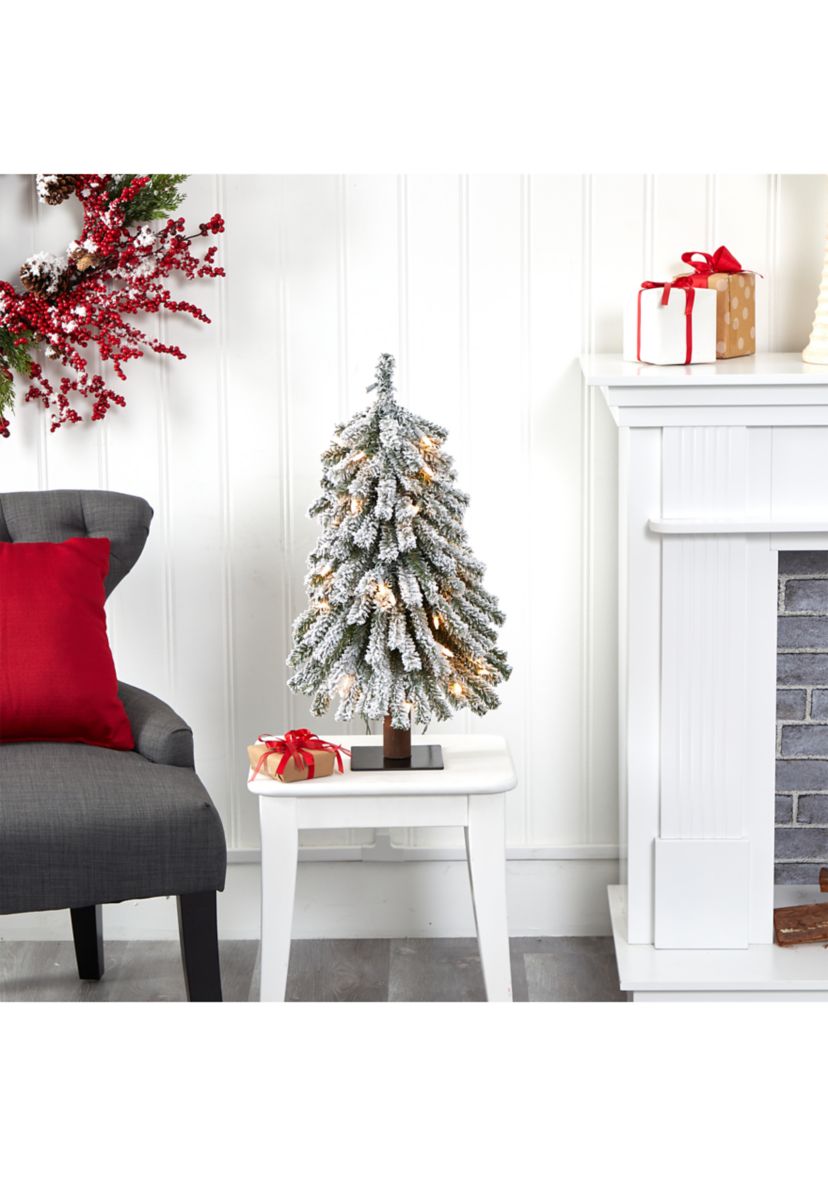 2 Foot Flocked Grand Alpine Artificial Christmas Tree with 35 Clear Lights and 111 Bendable Branches on Natural Trunk