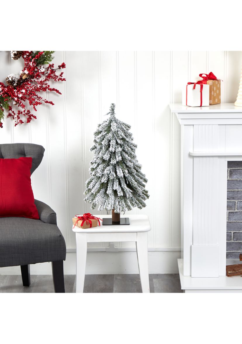 2 Foot Flocked Grand Alpine Artificial Christmas Tree with 35 Clear Lights and 111 Bendable Branches on Natural Trunk