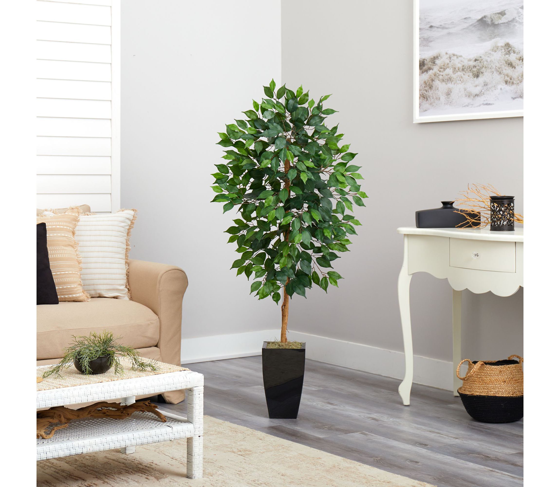 4.5-Foot Ficus Artificial Tree in Black Metal Planter