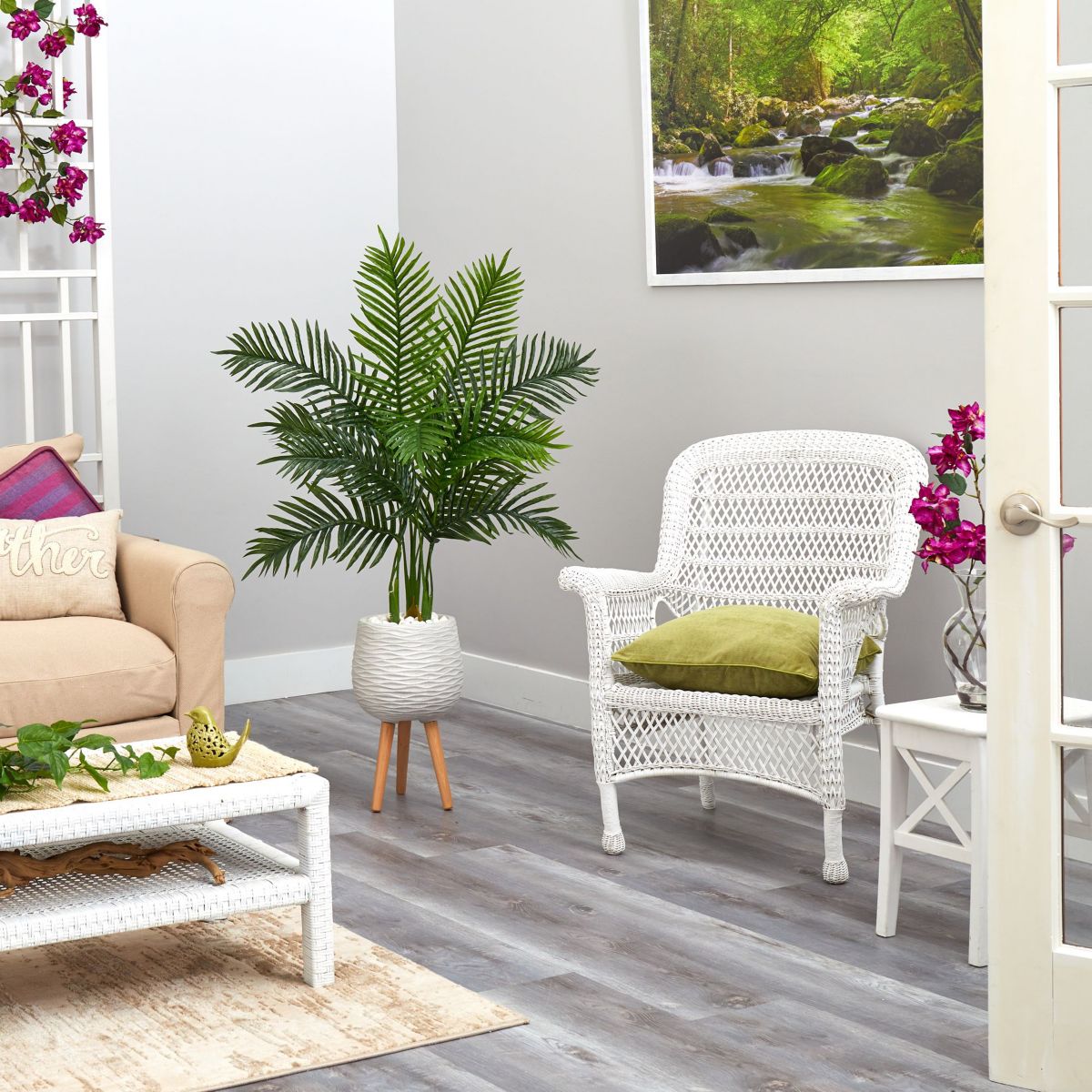 52-Inch Areca Palm Artificial Tree in White Planter with Stand (Real Touch)