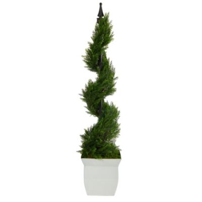 4-Foot Cypress Spiral Topiary Artificial Tree in White Metal Planter