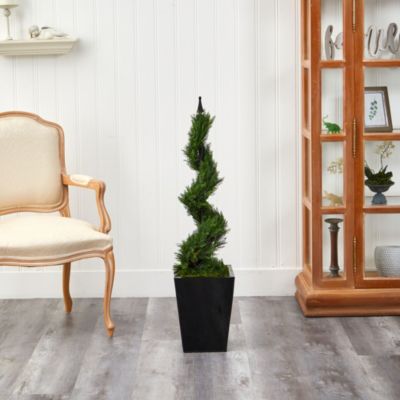 44-Inch Cypress Spiral Topiary Artificial Tree in Black Metal Planter