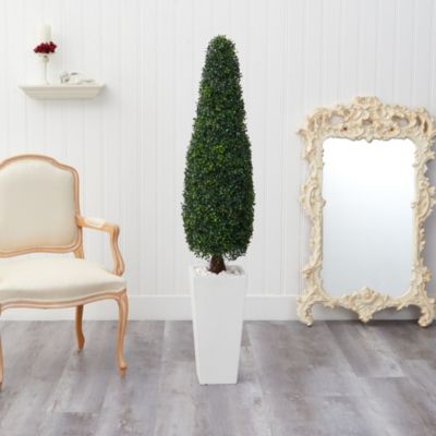 63-Inch Boxwood Topiary Artificial Tree in Tall White Planter UV Resistant (Indoor/Outdoor)