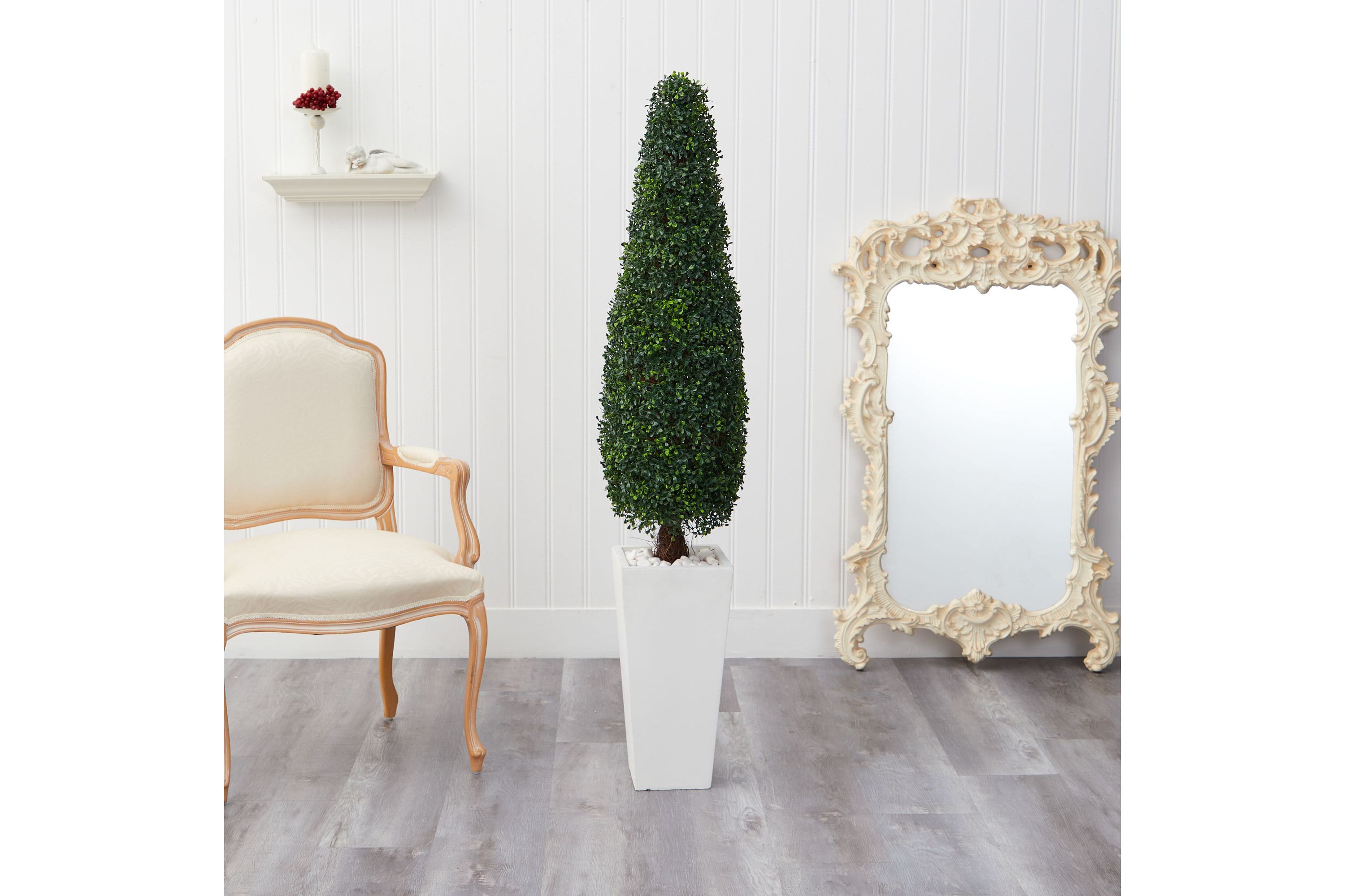 63-Inch Boxwood Topiary Artificial Tree in Tall White Planter UV Resistant (Indoor/Outdoor)