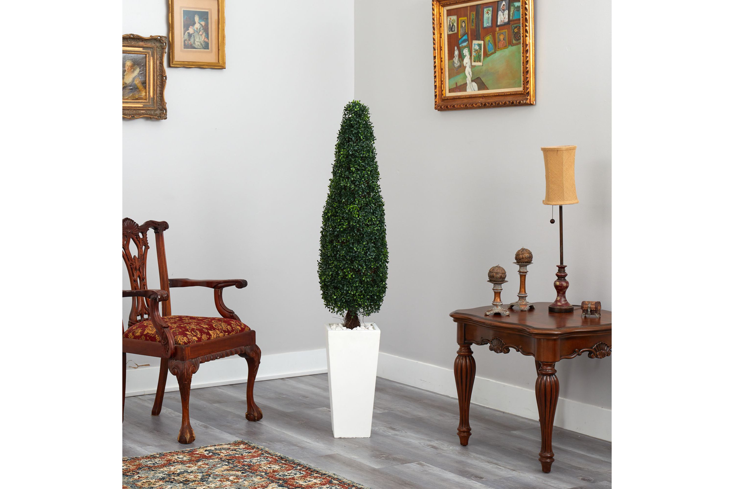 63-Inch Boxwood Topiary Artificial Tree in Tall White Planter UV Resistant (Indoor/Outdoor)