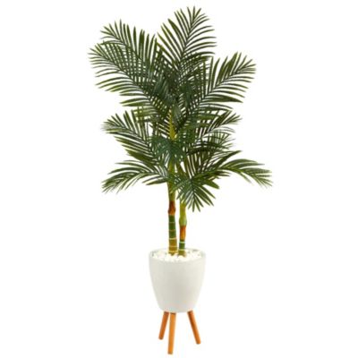 70-Inch Golden Cane Artificial Palm Tree in White Planter with Stand