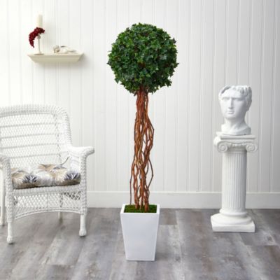 62-Inch English Ivy Single Ball Artificial Topiary Tree in White Metal Planter UV Resistant (Indoor/Outdoor)