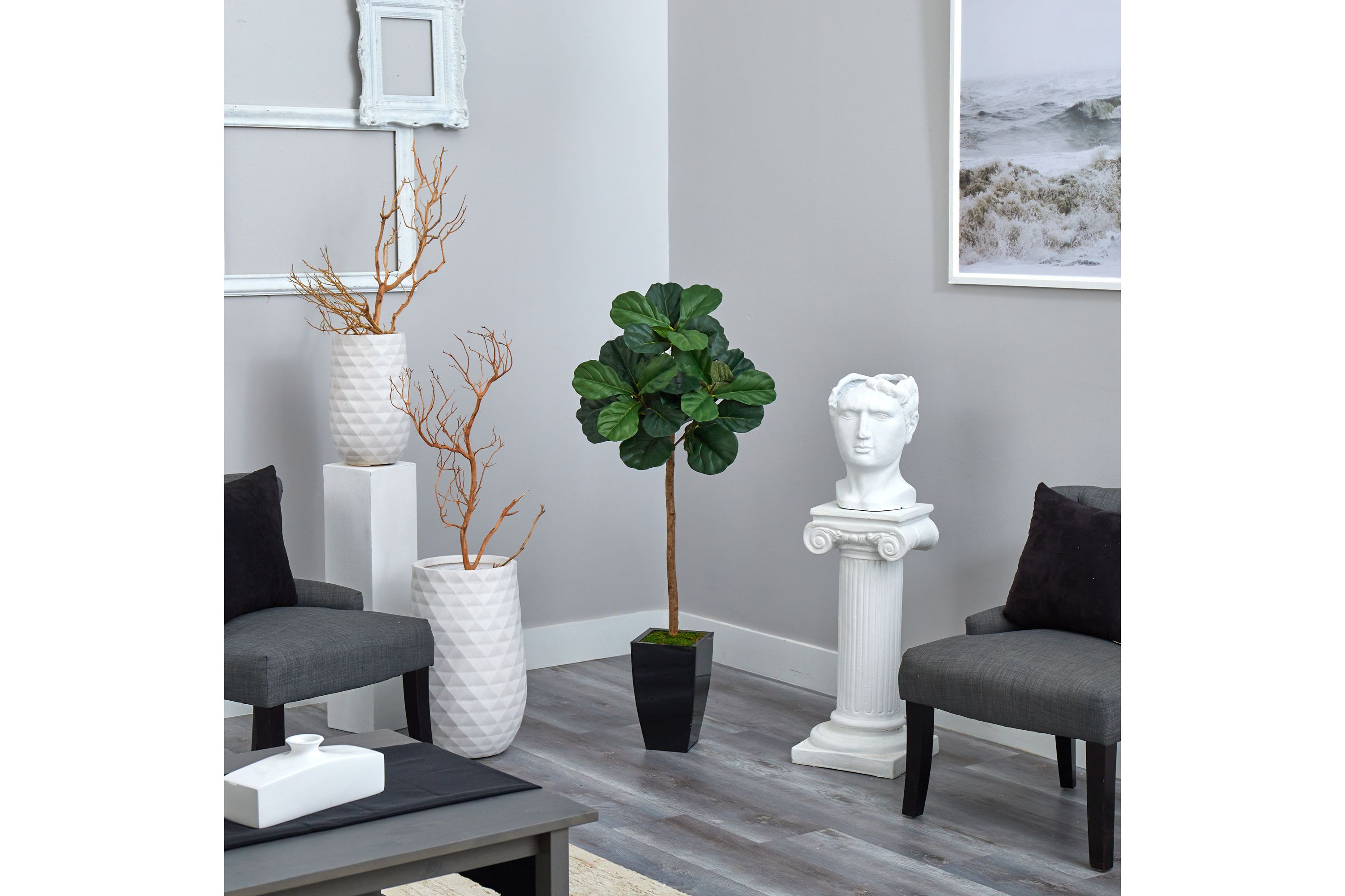 50-Inch Fiddle Leaf Artificial Tree in Black Metal Planter