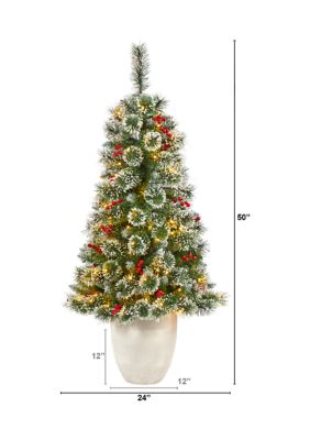 50 Inch Frosted Swiss Pine Artificial Christmas Tree with 100 Clear LED Lights and Berries in White Planter