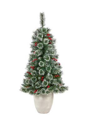 50 Inch Frosted Swiss Pine Artificial Christmas Tree with 100 Clear LED Lights and Berries in White Planter