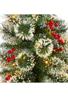 50 Inch Frosted Swiss Pine Artificial Christmas Tree with 100 Clear LED Lights and Berries in White Planter