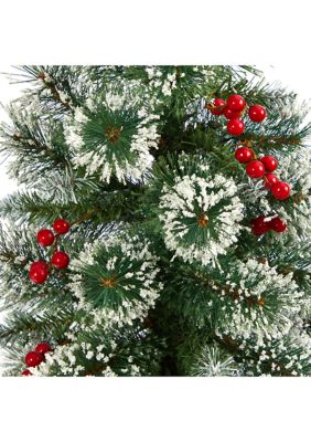 50 Inch Frosted Swiss Pine Artificial Christmas Tree with 100 Clear LED Lights and Berries in White Planter