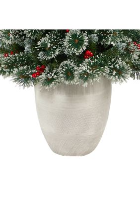 50 Inch Frosted Swiss Pine Artificial Christmas Tree with 100 Clear LED Lights and Berries in White Planter