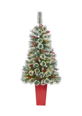 52 Inch Frosted Swiss Pine Artificial Christmas Tree with 100 Clear LED Lights and Berries in Red Tower Planter