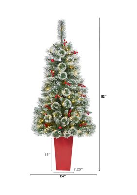 52 Inch Frosted Swiss Pine Artificial Christmas Tree with 100 Clear LED Lights and Berries in Red Tower Planter