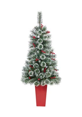 52 Inch Frosted Swiss Pine Artificial Christmas Tree with 100 Clear LED Lights and Berries in Red Tower Planter