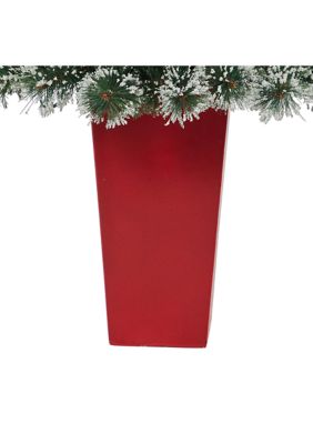 52 Inch Frosted Swiss Pine Artificial Christmas Tree with 100 Clear LED Lights and Berries in Red Tower Planter