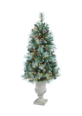 4.5 Foot Frosted Tip British Columbia Mountain Pine Artificial Christmas Tree with 100 Clear Lights, Pine Cones, and 228 Bendable Branches in Decorative Urn