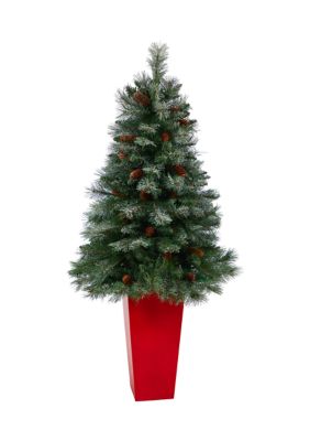 55 Inch Snowed French Alps Mountain Pine Artificial Christmas Tree with 237 Bendable Branches and Pine Cones in Red Tower Planter