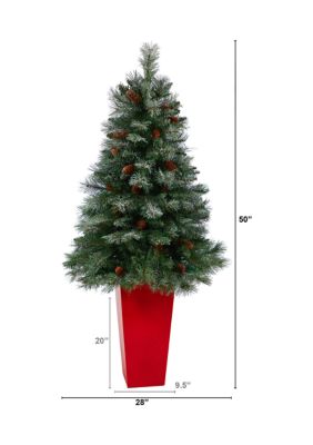 55 Inch Snowed French Alps Mountain Pine Artificial Christmas Tree with 237 Bendable Branches and Pine Cones in Red Tower Planter