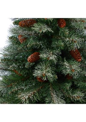 55 Inch Snowed French Alps Mountain Pine Artificial Christmas Tree with 237 Bendable Branches and Pine Cones in Red Tower Planter