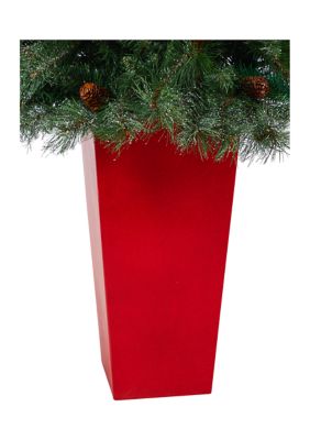 55 Inch Snowed French Alps Mountain Pine Artificial Christmas Tree with 237 Bendable Branches and Pine Cones in Red Tower Planter