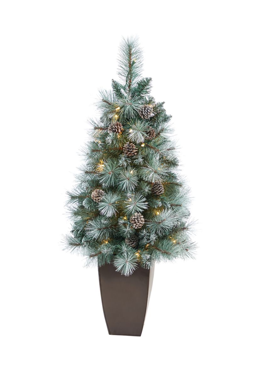 3.5 Foot Frosted Tip British Columbia Mountain Pine Artificial Christmas Tree with 50 Clear Lights, Pine Cones and 112 Bendable Branches in Metal Planter