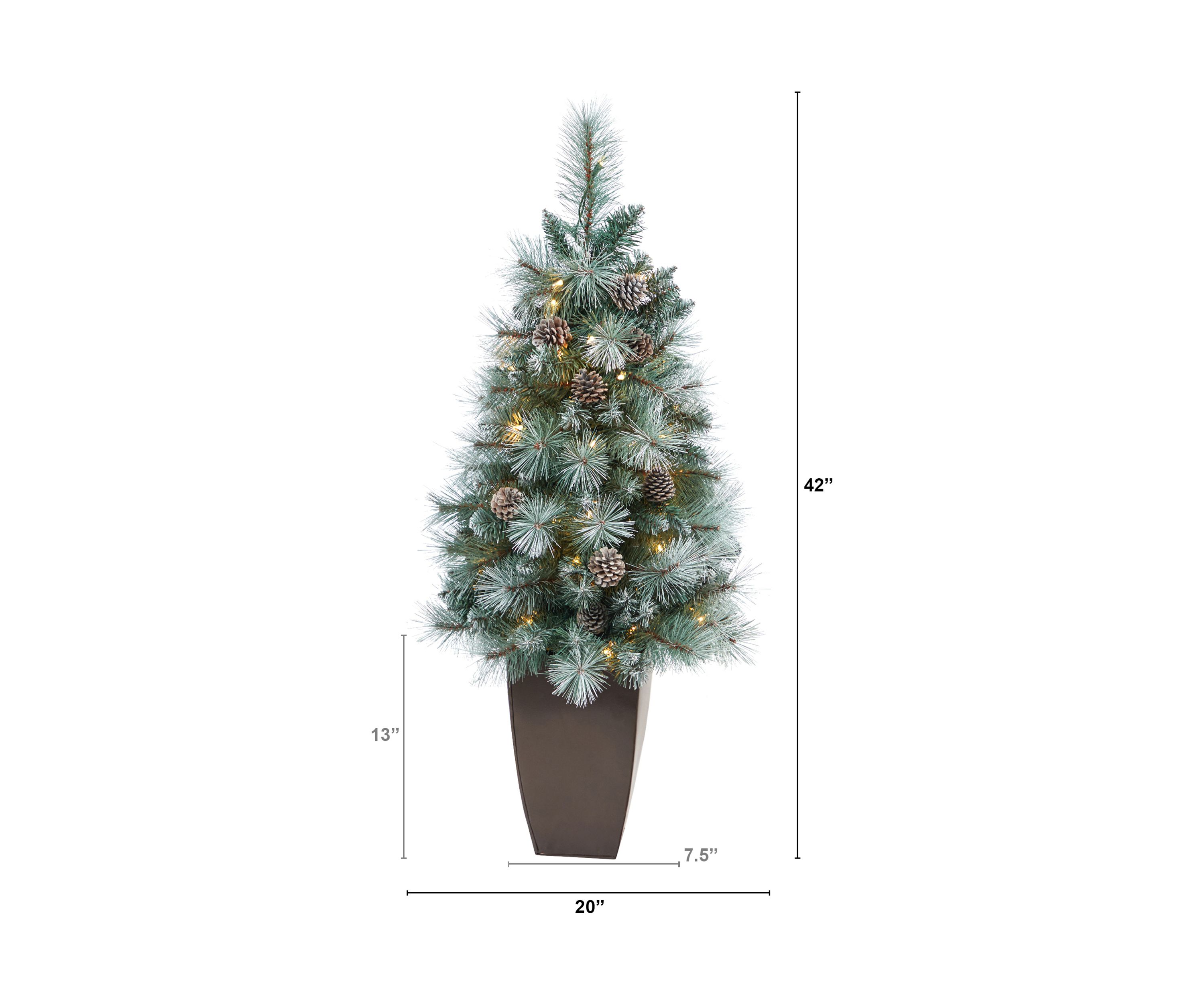 3.5 Foot Frosted Tip British Columbia Mountain Pine Artificial Christmas Tree with 50 Clear Lights, Pine Cones and 112 Bendable Branches in Metal Planter