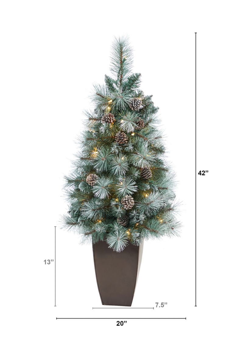 3.5 Foot Frosted Tip British Columbia Mountain Pine Artificial Christmas Tree with 50 Clear Lights, Pine Cones and 112 Bendable Branches in Metal Planter