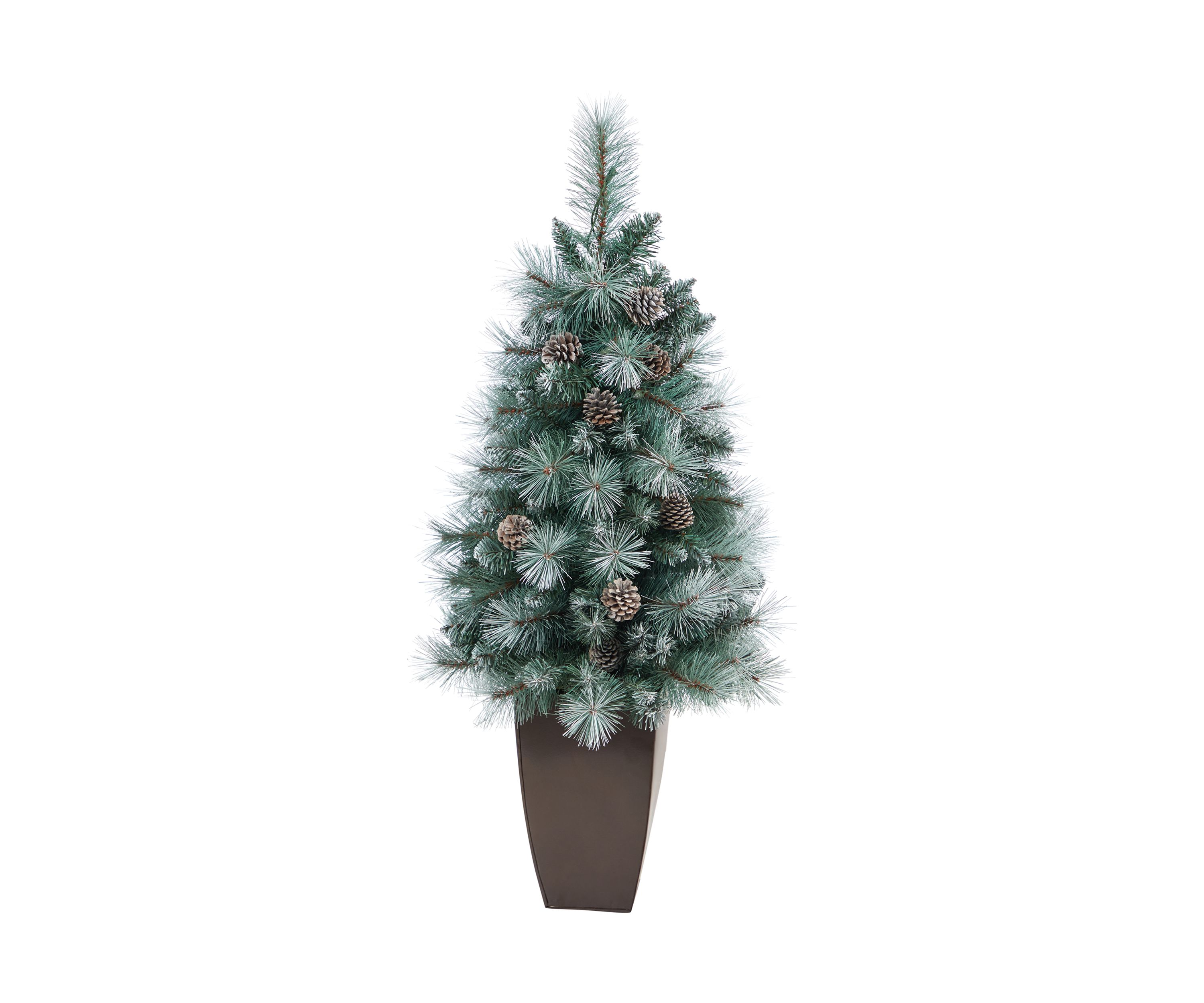 3.5 Foot Frosted Tip British Columbia Mountain Pine Artificial Christmas Tree with 50 Clear Lights, Pine Cones and 112 Bendable Branches in Metal Planter