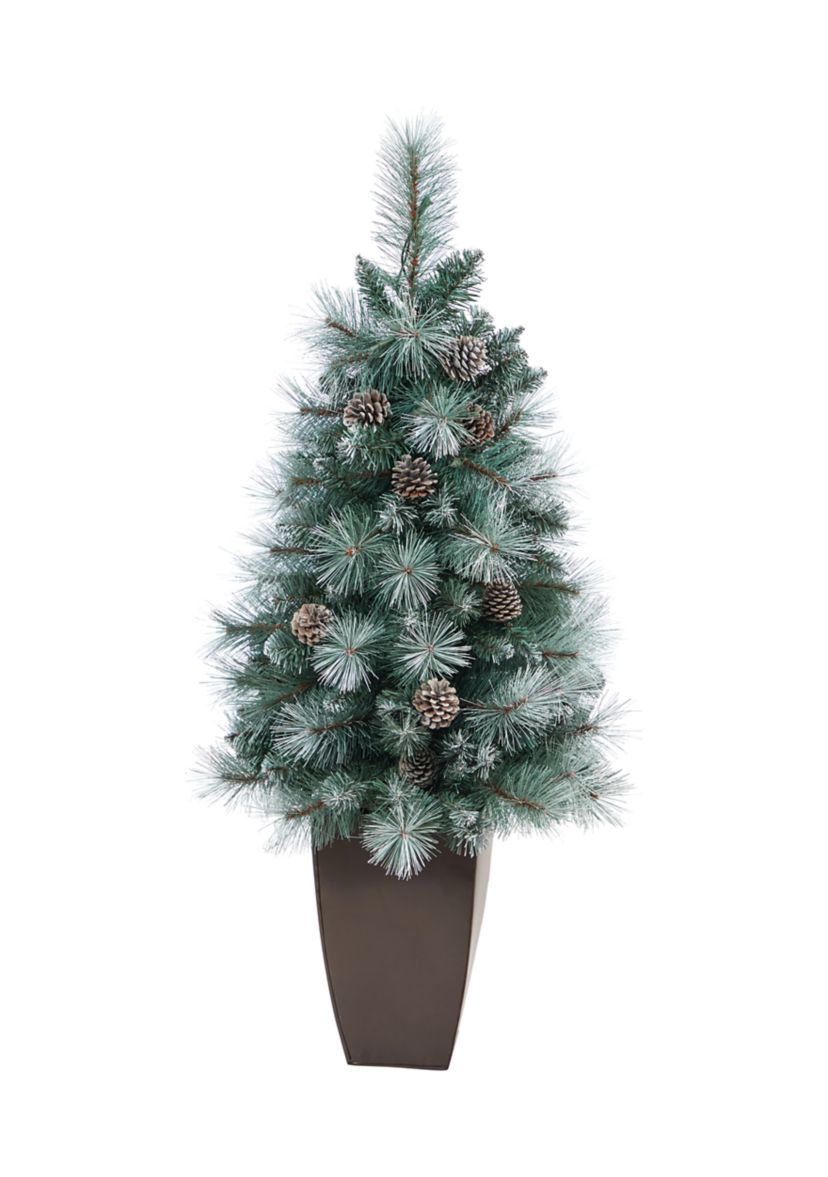 3.5 Foot Frosted Tip British Columbia Mountain Pine Artificial Christmas Tree with 50 Clear Lights, Pine Cones and 112 Bendable Branches in Metal Planter