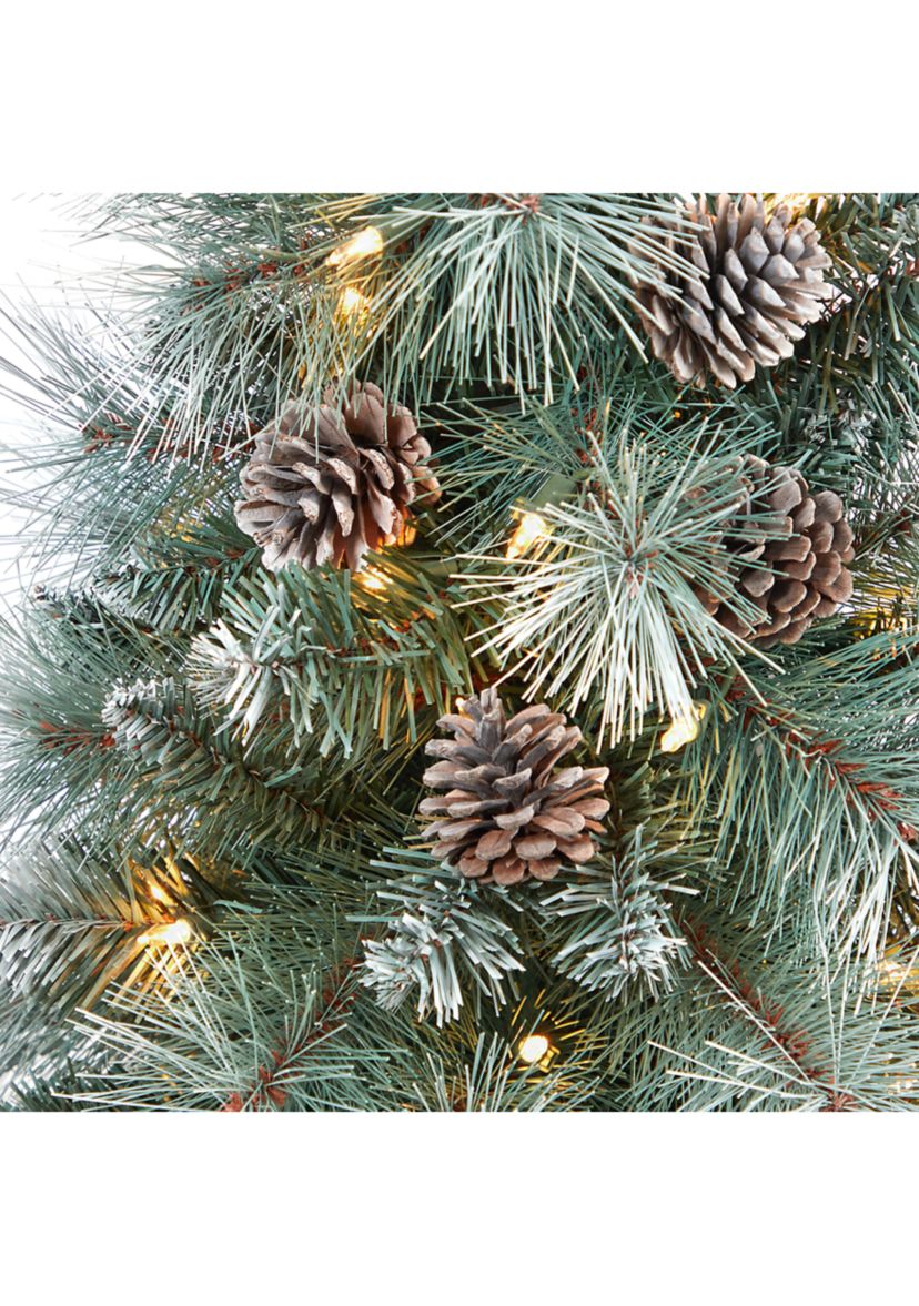 3.5 Foot Frosted Tip British Columbia Mountain Pine Artificial Christmas Tree with 50 Clear Lights, Pine Cones and 112 Bendable Branches in Metal Planter