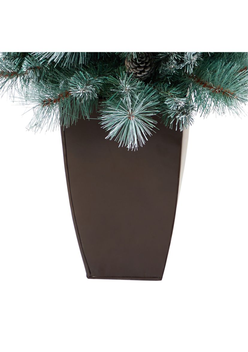 3.5 Foot Frosted Tip British Columbia Mountain Pine Artificial Christmas Tree with 50 Clear Lights, Pine Cones and 112 Bendable Branches in Metal Planter
