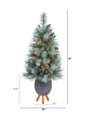 3.5 Foot Frosted Tip British Columbia Mountain Pine Artificial Christmas Tree with 50 Clear Lights, Pine Cones and 112 Bendable Branches in Metal Planter in Gray Planter with Stand