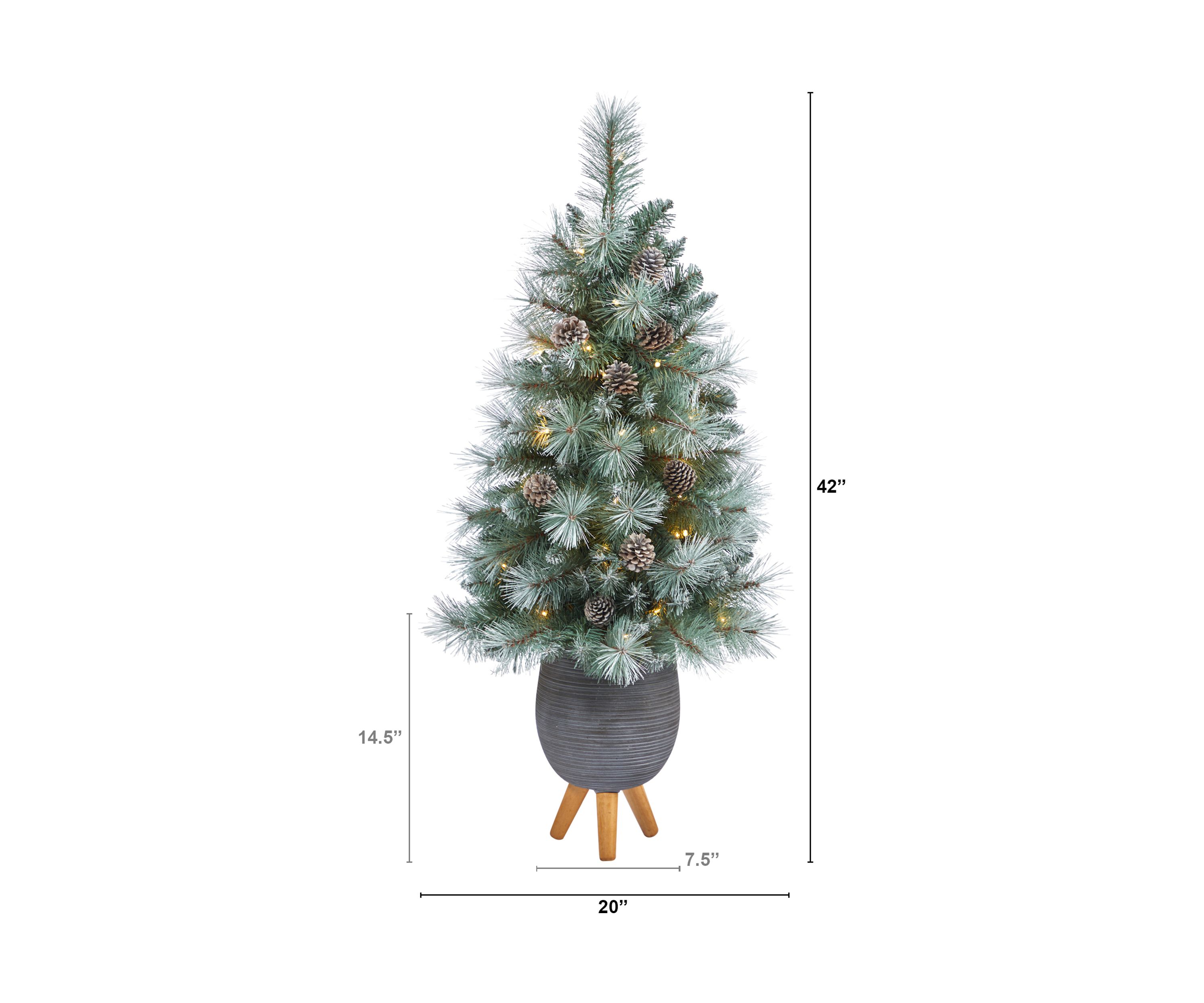 3.5 Foot Frosted Tip British Columbia Mountain Pine Artificial Christmas Tree with 50 Clear Lights, Pine Cones and 112 Bendable Branches in Metal Planter in Gray Planter with Stand