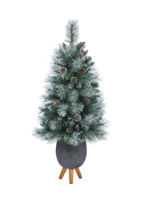 3.5 Foot Frosted Tip British Columbia Mountain Pine Artificial Christmas Tree with 50 Clear Lights, Pine Cones and 112 Bendable Branches in Metal Planter in Gray Planter with Stand