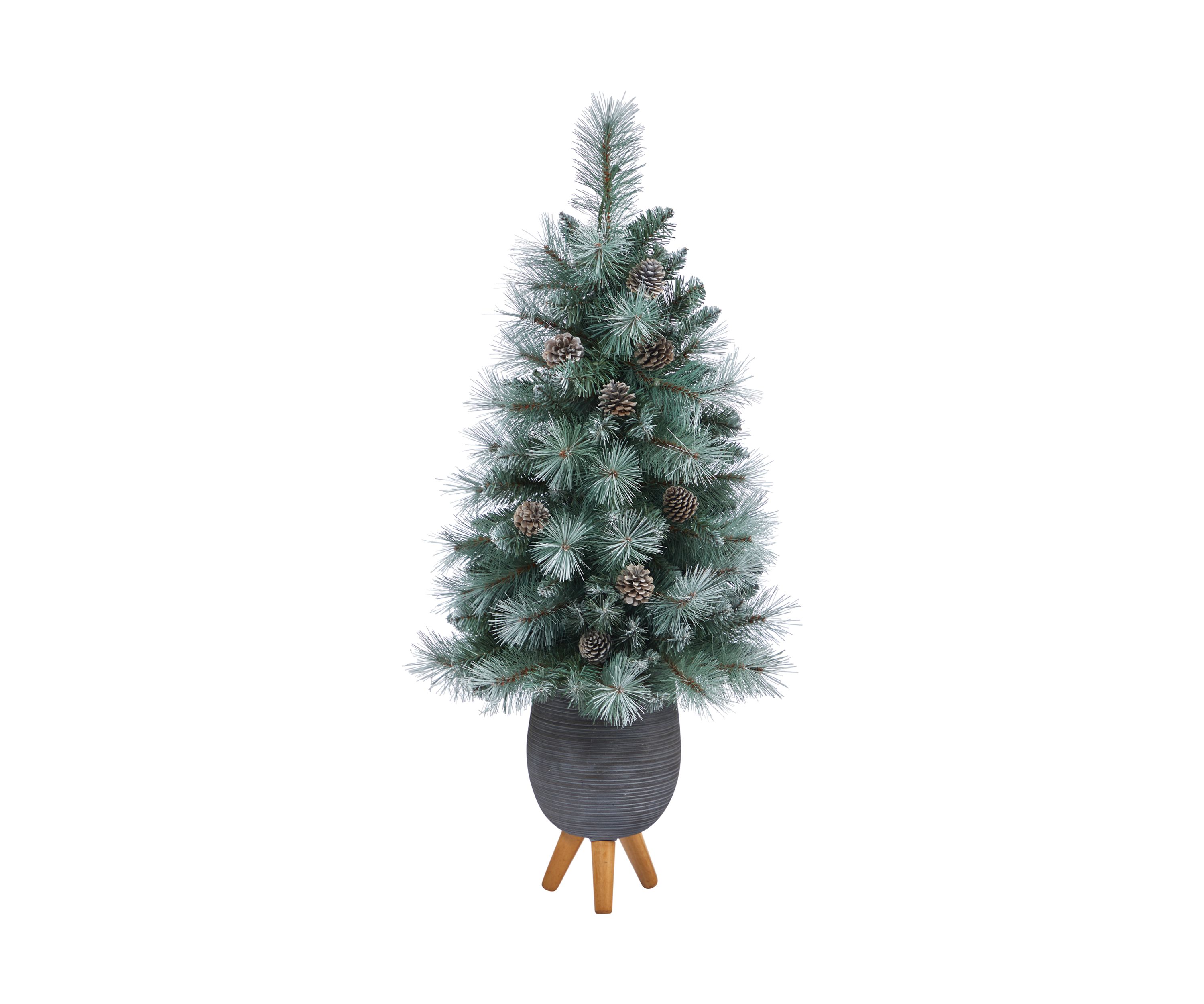 3.5 Foot Frosted Tip British Columbia Mountain Pine Artificial Christmas Tree with 50 Clear Lights, Pine Cones and 112 Bendable Branches in Metal Planter in Gray Planter with Stand